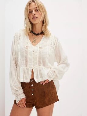 FP One ‘Elodie’ Edwardian Peplum Ruffle Lace Hem Blouse Top in Antique Ivory, L